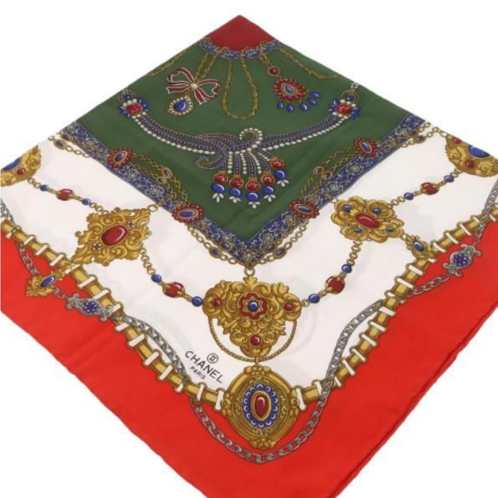 Chanel Red and Green Silk Scarf